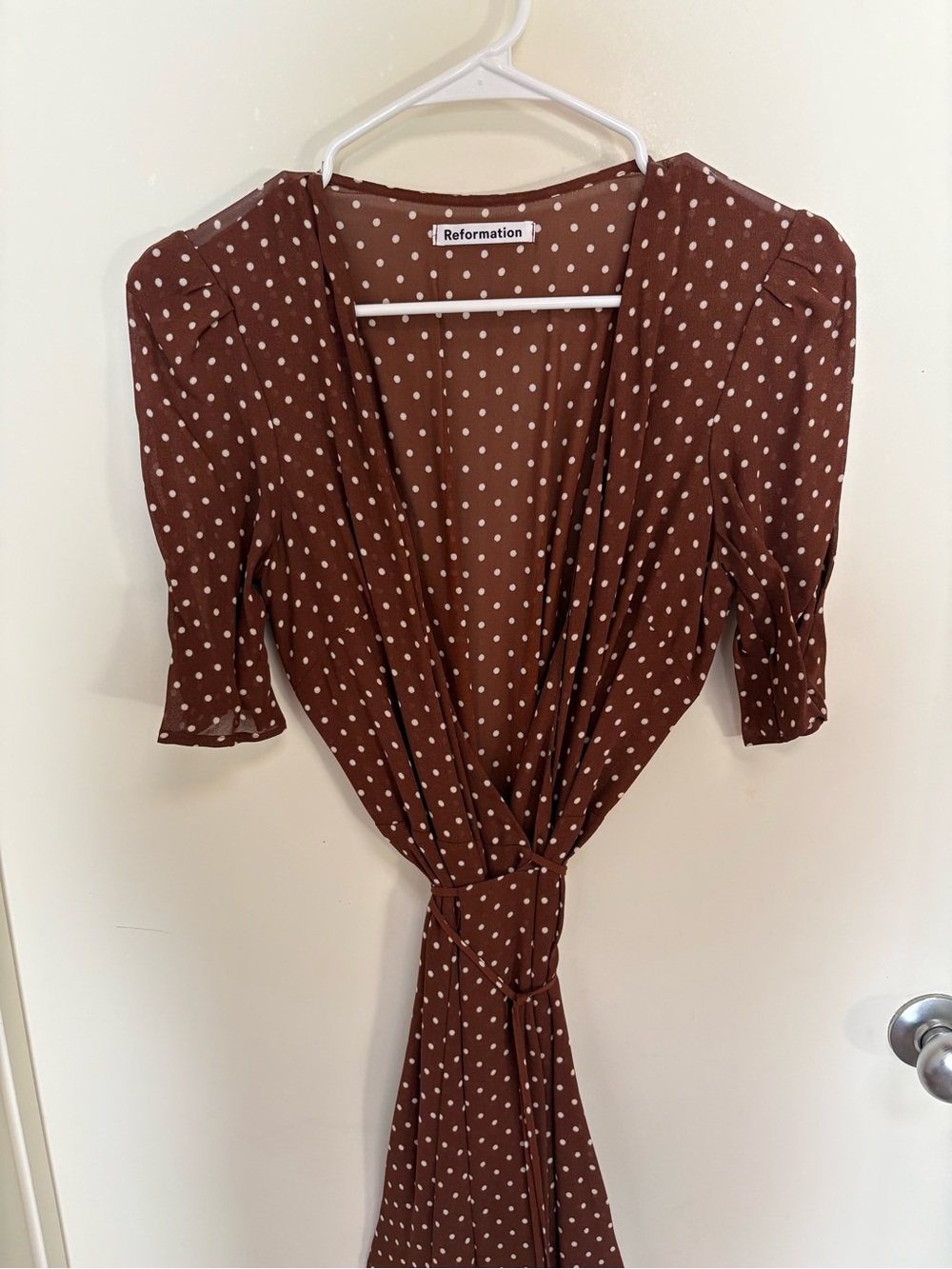 Reformation Rust Brown Polka Dot Wrap Blouse